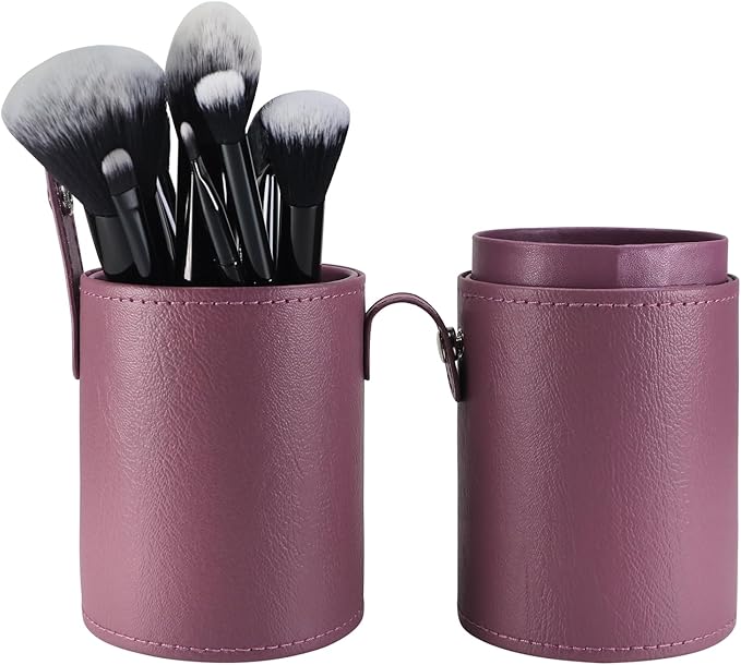 Portable Makeup Brush Case,Pu Leather Makeup Brush Holder with Button,Travel Cup Storage Dustproof Makeup Cosmetic Bags for Women (Purple)