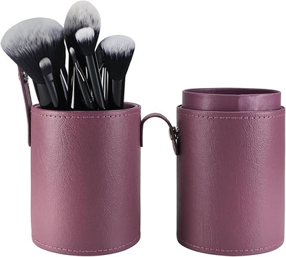 Portable Makeup Brush Case,Pu Leather Makeup Brush Holder with Button,Travel Cup Storage Dustproof Makeup Cosmetic Bags for Women (Purple)
