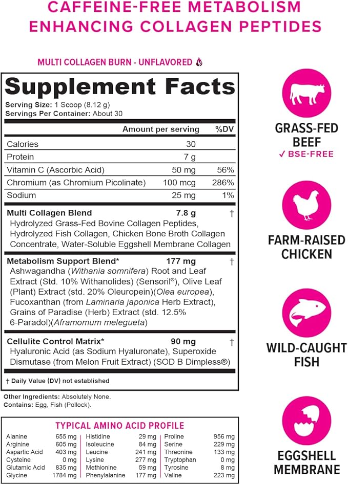 Hydrolyzed Collagen Powder for Weight Loss - Collagen Burn Ultimate Beauty Complex Multi Collagen Peptides Powder for Women with Types I II III V and X for Fat Burning Support - Unflavored