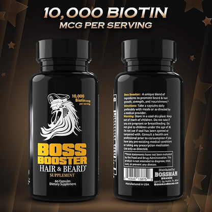 Bossman Boss Booster - Beard Growth Supplement Products for Men - 10,000 MCG Biotin and MSM - Hair Growth Vitamins and Beard Care