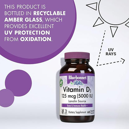 Bluebonnet Vitamin D3 5000 IU Vegetable Capsules, 120 Count