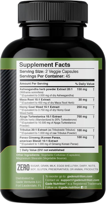 Ashwagandha - Maca Root - Horny Goat Weed - Turkesterone - Tribulus - Ginseng, 90 Capsules - Made in USA
