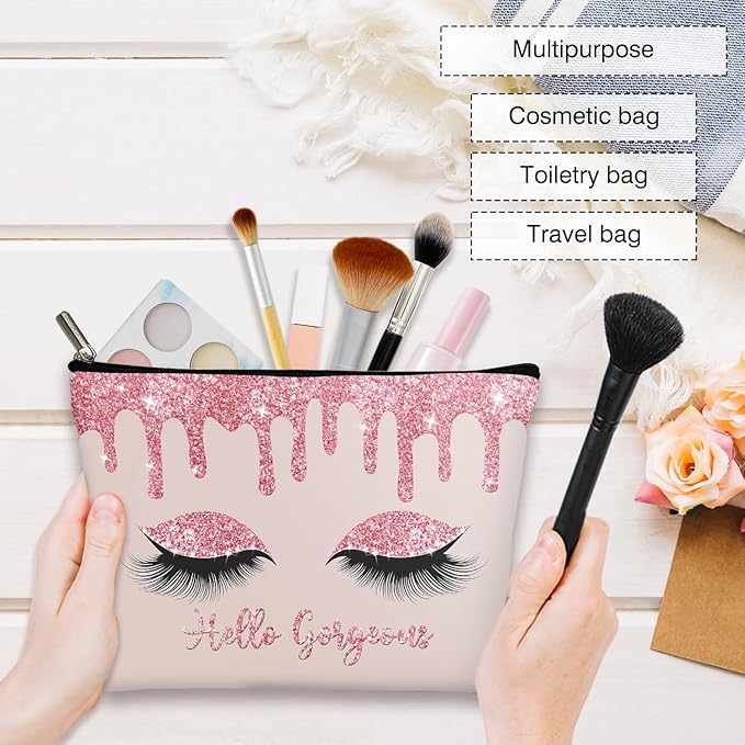 Makeup Bag - Hello Gorgeous, Inspirational Gift for Her, Women, Girl, Sister, Friend, Mom, Coworker, Glitters Eyeshadows Makeup Bag Purse, Toiletry Makeup Bag Pouch Travel Accessories -14