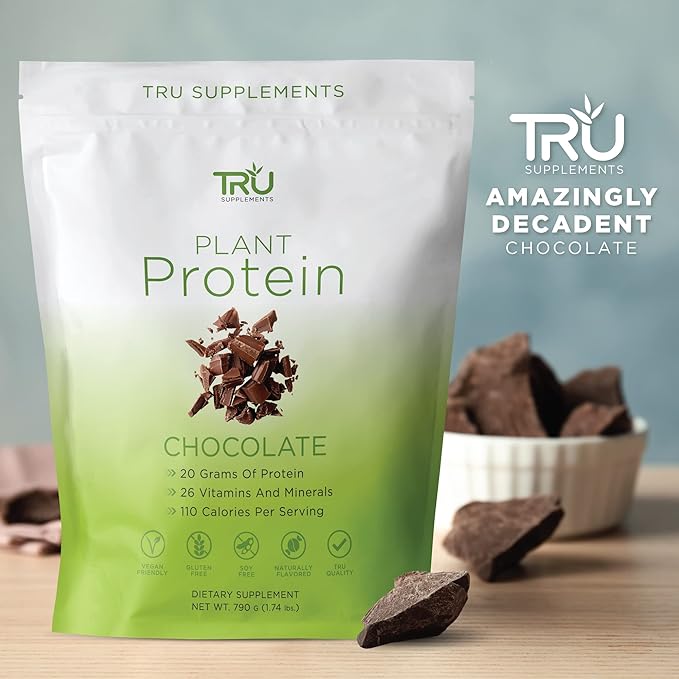 TRU Plant Based Protein Powder, BCAA, EAA, 20g Vegan Protein, 100 Calories, 27 Vitamins, No Artificial Flavors 25 Servings (Natural Chocolate Cream)