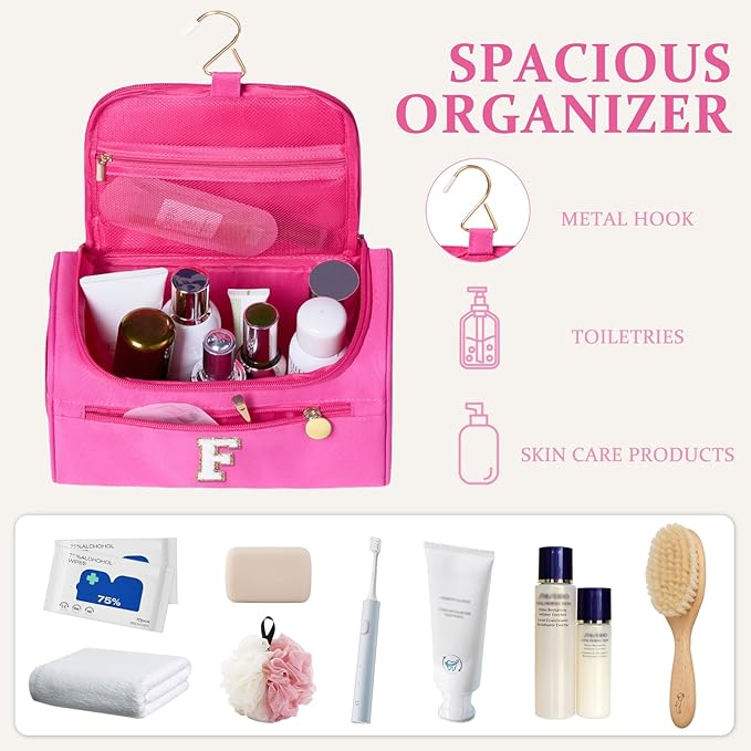 COSHAYSOO Christmas Valentines Galentines Day Fall Travel Gifts for Women Friend Sister Bestie Happy Birthday Party Favor Present, Large Hanging Toiletry Bag Skin Care Toiletries Hot Pink Letter F