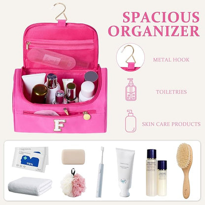 COSHAYSOO Christmas Valentines Galentines Day Fall Travel Gifts for Women Friend Sister Bestie Happy Birthday Party Favor Present, Large Hanging Toiletry Bag Skin Care Toiletries Hot Pink Letter F
