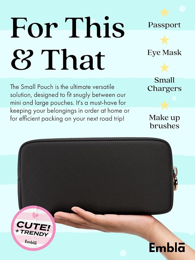 Embla Makeup Bag Travel Cosmetics Pouch and Toiletry Bag, Nylon Zipper Pouch Purse, Cute Make Up Organizer Storage Tote for Women Girls, Waterproof Travel Skincare Case, Small Makeup Bags, Black Noir