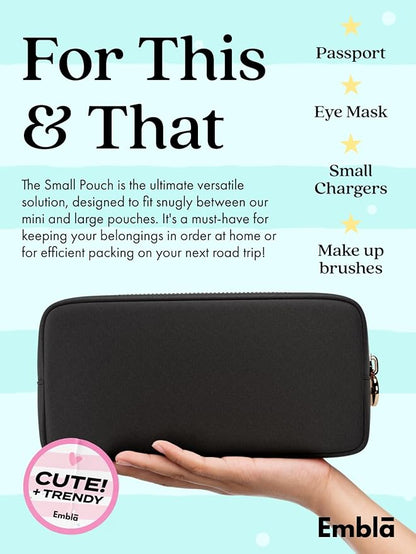 Embla Makeup Bag Travel Cosmetics Pouch and Toiletry Bag, Nylon Zipper Pouch Purse, Cute Make Up Organizer Storage Tote for Women Girls, Waterproof Travel Skincare Case, Small Makeup Bags, Black Noir