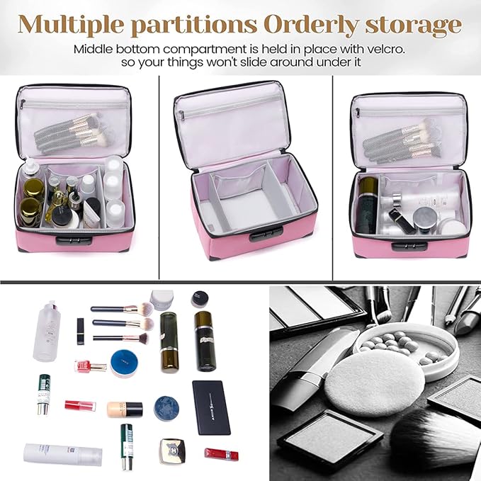 Portable Cosmetic Bag with Lock, Large Capacity Travel Makeup Case Organizer, Waterproof Makeup Bags for Girls Traveling With Handle and Divider Makeup Bag… (Pink)