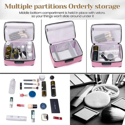 Portable Cosmetic Bag with Lock, Large Capacity Travel Makeup Case Organizer, Waterproof Makeup Bags for Girls Traveling With Handle and Divider Makeup Bag… (Pink)