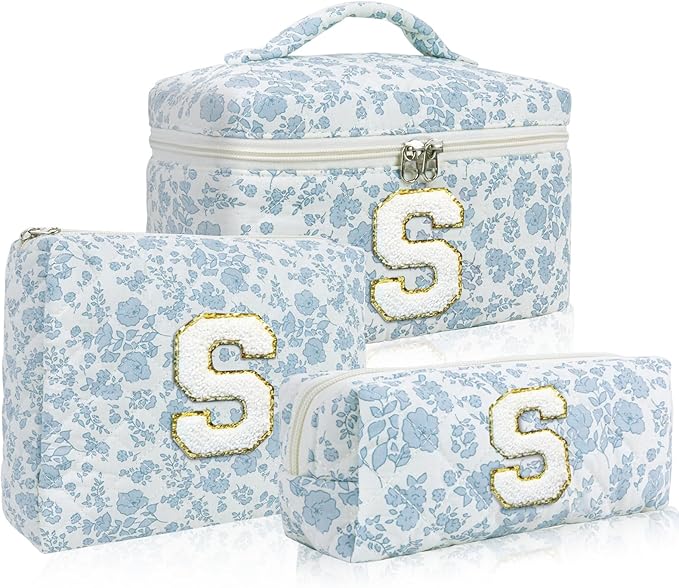 3 Pcs Travel Initial Quilted Makeup Bag set, Toiletry Personalized Floral Makeup Birthday Gifts for teens girls and women, Cosmetic bags makeup organizer bag set-S