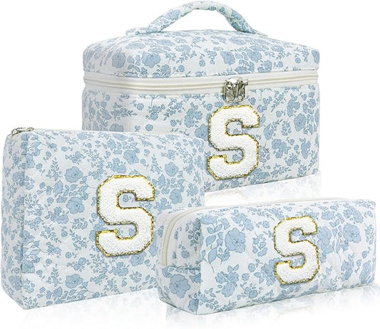 3 Pcs Travel Initial Quilted Makeup Bag set, Toiletry Personalized Floral Makeup Birthday Gifts for teens girls and women, Cosmetic bags makeup organizer bag set-S
