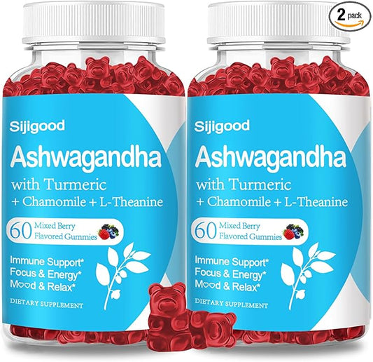 2 Pack Ashwagandha Gummies with L-theanine, 2500mg Ashwa Root Supplement Gummy for Women Men, 120 Mixed Berry Flavored Gummies