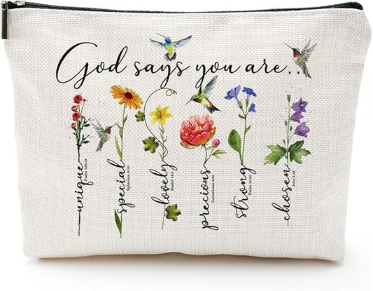 God Says You Are...Christian Gift for Women Inspirational Bible Verse Cosmetic Bags with Zipper Motivational Religious Travel Pouch for Women, Mother, Sister