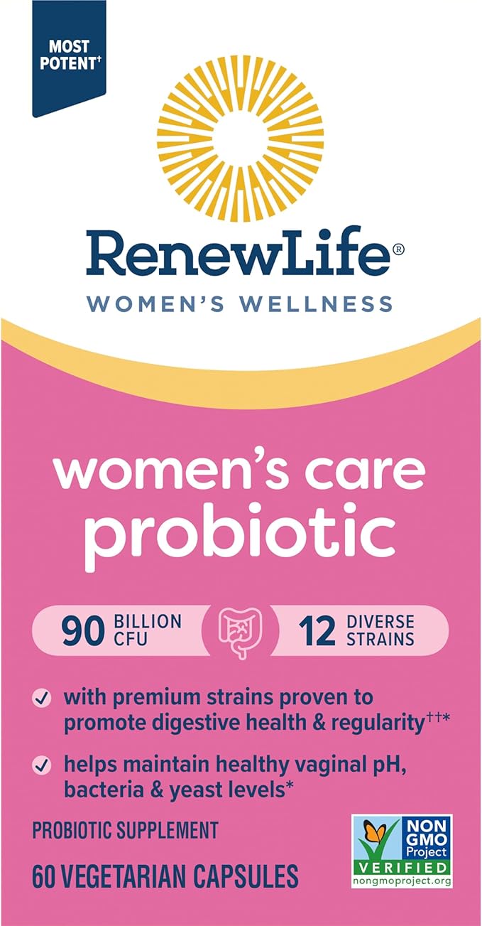 Renew Life Women's Probiotic Capsules, Supports pH Balance for Women, Vaginal, Urinary, Digestive and Immune Health, L. Rhamnosus GG, Dairy, Soy and Gluten-Free, 90 Billion CFU - 60 Ct