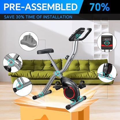 Foldable Exercise Bike Stationary Bikes for Home, 5 IN 1 Indoor Workout Bike, Cycling Bike with 16-Level Quiet Magnetic Resistance, 6.6 LBS Flywheel and 300LBS Capacity, 2025 Designed 817 X-bike