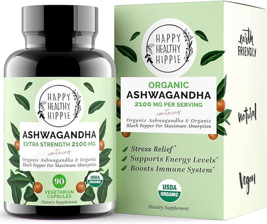 Organic Ashwagandha Capsules 2100mg – Stress Relief Supplement - Extra Strength - 100% Herbal, USDA Organic Ashwagandha Root Powder Extract w/ Black Pepper - Energy, Mood & Cortisol Manager, 90 Ct
