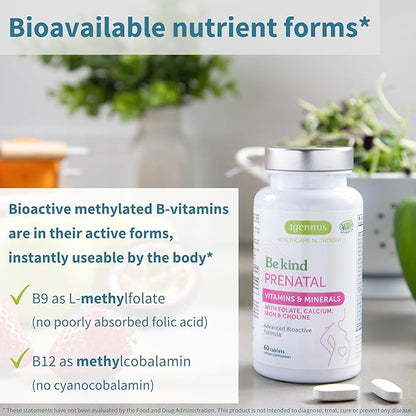 Methylated Prenatal Multivitamin, Folate for MTHFR, High Absorption, Clean Label, Gentle Iron, Choline, Natural Calcium & Magnesium, Vegan Vitamins for Pregnancy, 6 x 60 Tablets, by Igennus