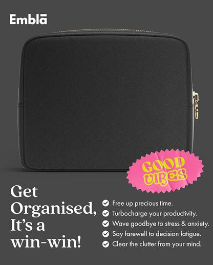 Embla Makeup Bag Travel Cosmetics Pouch and Toiletry Bag, Nylon Zipper Pouch Purse, Cute Make Up Organizer Storage Tote for Women Girls, Waterproof Travel Skincare Case, Large Makeup Bags, Black Noir