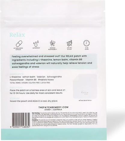 The Patch Remedy Relax Patches - 30 Topical Stress Relief Patches with Ashwagandha, L-theanine, Lemon Balm, Valerian, Passionflower, Vitamin B6, Rhodiola Rosea | Calming, Relieving, Relaxing