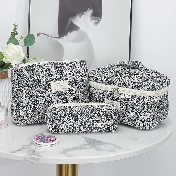 Quilted Makeup Bag Set 3 Pcs Cotton Cute Makeup Bags For Women Large Aesthetic Floral Cosmetic Bag Coquette Flower Makeup Pouch