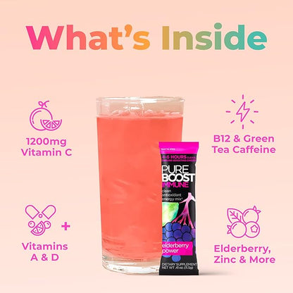 Pureboost Immune Clean Energy Booster, Refreshing Energy Drink Mix and Immunity Supplement with Elderberry, 1,200 mg Vitamin C, Vitamins A + D, and Zinc. Sugar-Free Energy (Combo Pack, 30 Count)