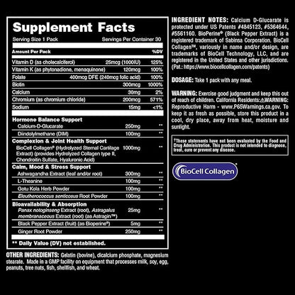 Animal Power Balance – Women's Alpha F Comprehensive Formula – Supports Hormonal Balance, Complexion, Hair, Nails, Mood and Stress, Intestinal Health, & Bone and Joint Health – 30 Packs