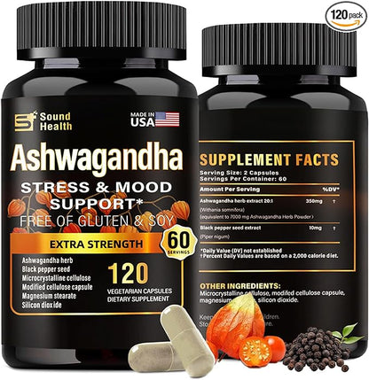 Organic Ashwagandha Capsules Supplement - 7000mg Herb Powder Equivalent per Serving - Stress Relief, Immune Support, Hormone Balance - Enhanced Nutrient Absorption - 120 Capsules (60 Servings)