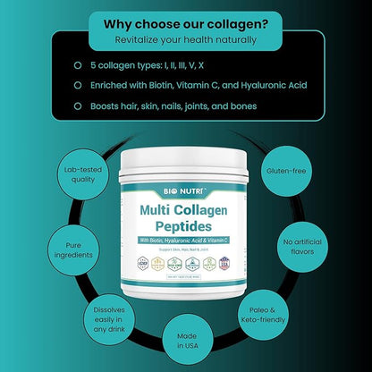 Collagen Peptides - Multi Collagen Peptides with 5 Types - Hydrolyzed Collagen Peptides Powder with Biotin & HA - Support for Hair, Skin, Nails & Joints
