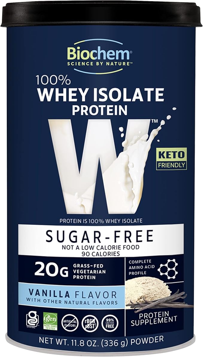 Biochem 100% Whey Sugar-Free Vanilla 20g, 11.8oz, Certified Vegetarian, Certified Gluten Free, Certified Non-GMO Tested, Keto Friendly, Grass-Fed…