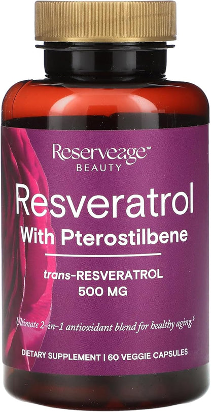 Reserveage Beauty, Resveratrol 500 mg with Pterostilbene, Antioxidant Supplement for Immune Support & Heart Health, Supports Healthy Aging, Paleo, Keto, 60 Capsules (60 Servings)