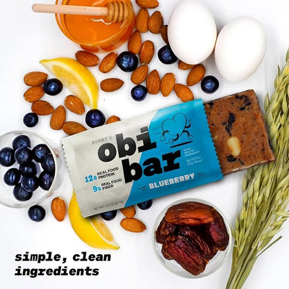 Obi Bar Blueberry - Protein and Oat Fiber Bar | All Natural | Meal Bar | Heart and Gut Health | Lightly Sweet | Natural Blueberries | Almond Chunks | Soy Free, Dairy Free | Breakfast Bar