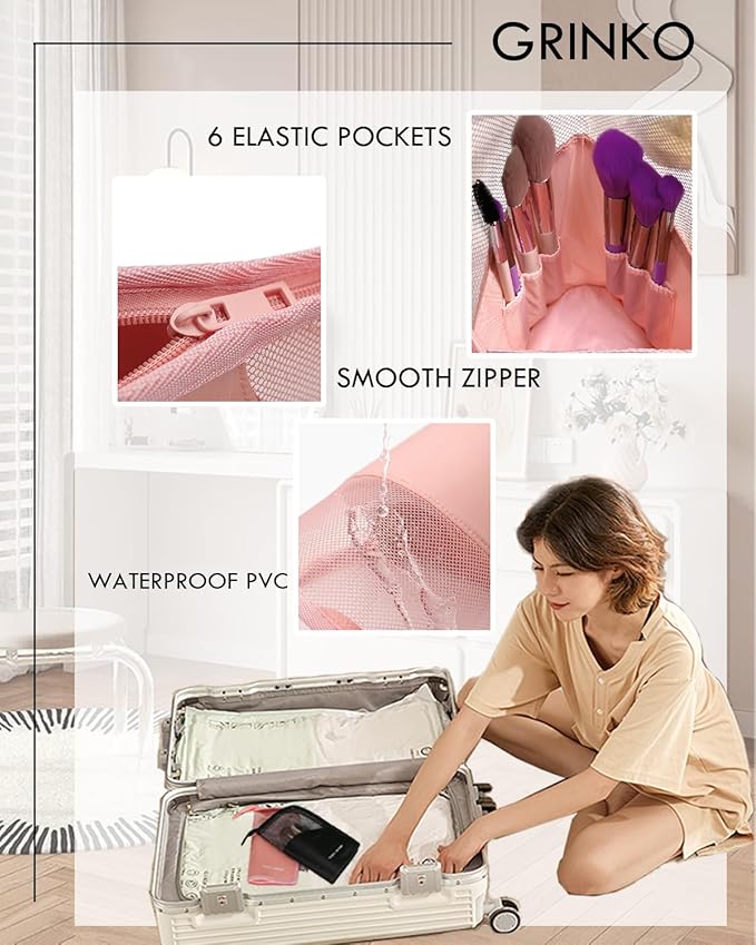 GRINKO Makeup Brush Holder, Travel Makeup Brush Case Waterproof Toiletry Bag Stand-up Makeup Organizer Mesh Cosmetic Bags with Zipper Pink