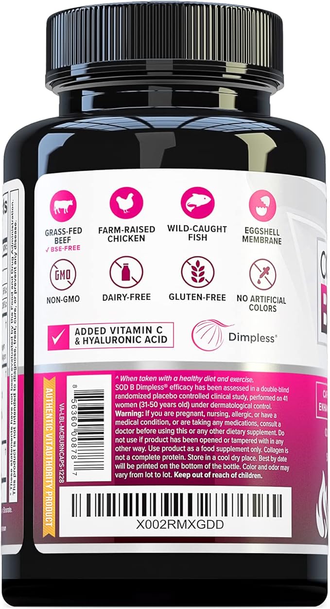 Multi Collagen Burn: Multi-Type Hydrolyzed Protein Peptides with Hyaluronic Acid, Vitamin C, SOD B Dimpless, Types I, II, III, V and X Collagen, Caffeine-Free (Unflavored Capsules)