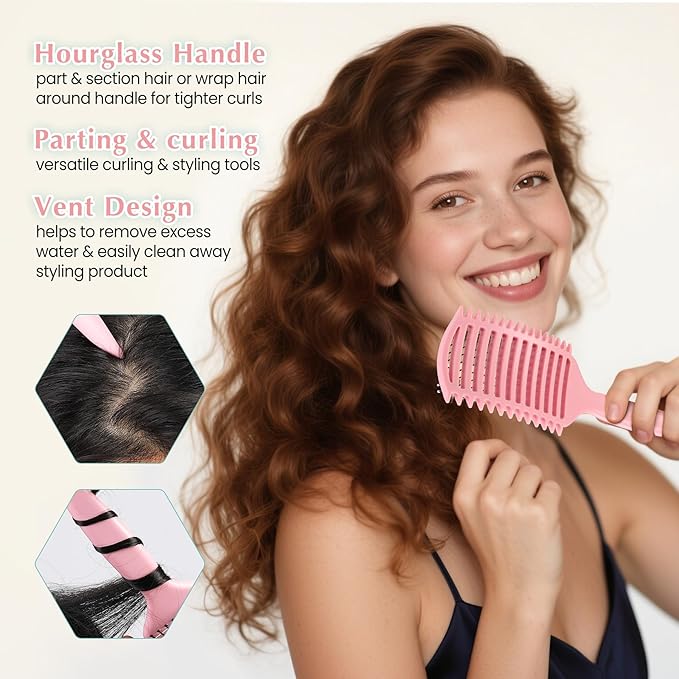 Curl Defining Brush, Vented Curly Hair Brush for Effortlessly Detangling Shaping and Defining Women's Men's Curls on All Wet or Dry Hair Types, Reduces Frizz (Pink)