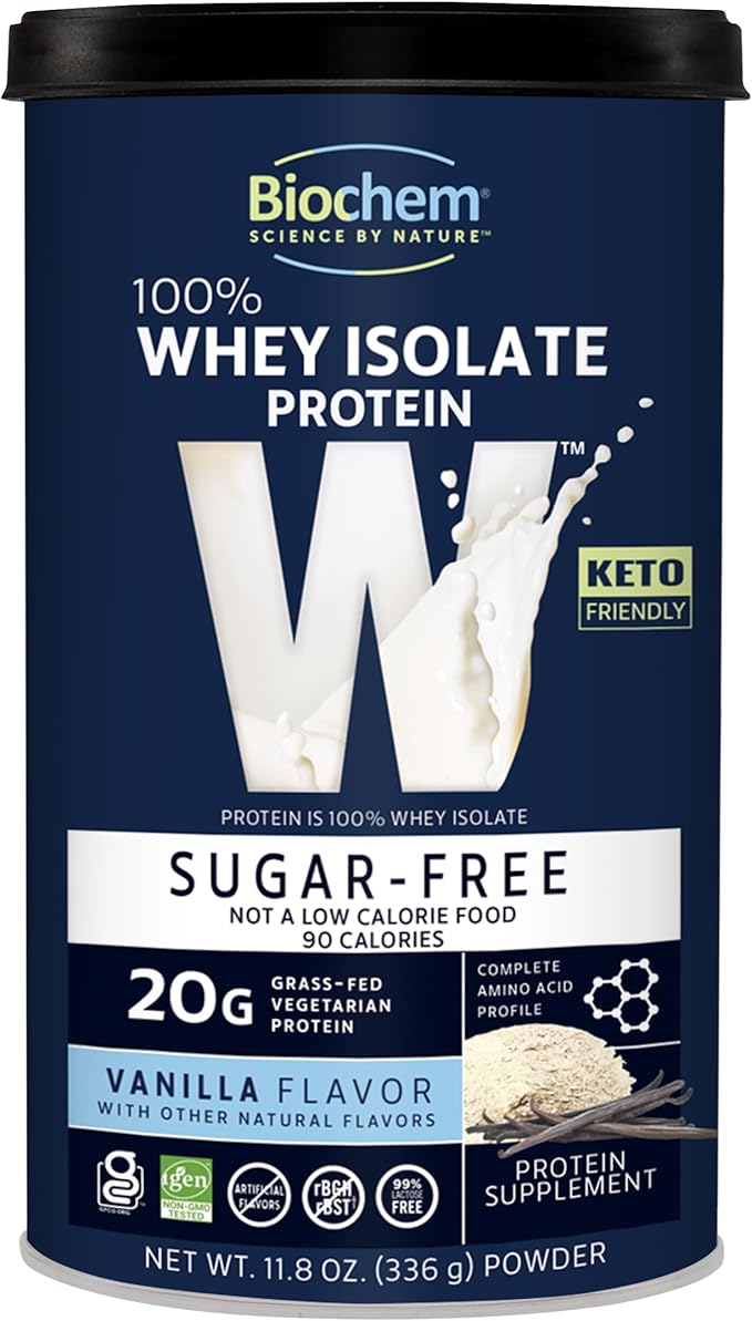 Biochem 100% Whey Sugar-Free Vanilla 20g, 11.8oz, Certified Vegetarian, Certified Gluten Free, Certified Non-GMO Tested, Keto Friendly, Grass-Fed…