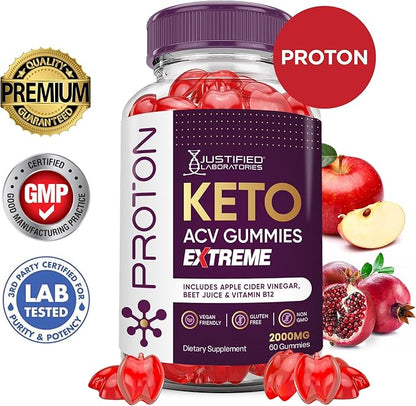 (5 Pack) Proton Keto ACV Gummies Extreme 2000MG Proton Keto Gummies Apple Cider Vinegar Formulated with Pomegranate Beet Juice Powder B12 Vegan Non GMO 300 Gummys