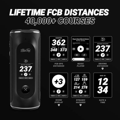 Blue Tees Golf Player+ GPS Speaker with Touch Screen Display, 10+ Hours Battery, 40,000+ Courses, Visual + Audible Distance, Hazard Distance - IPX7 Waterproof 