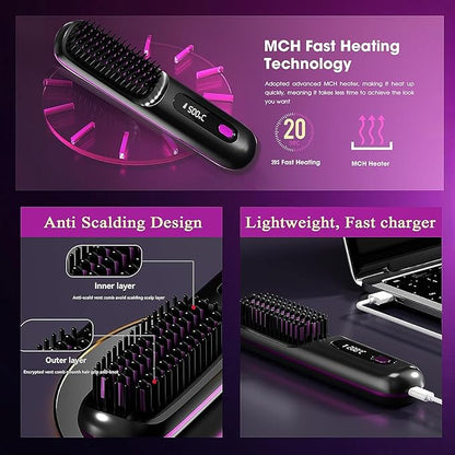 Go Brush Pro, Hair Straightener Brush Portable Gobrush Pro 2025 Cordless Hair Straightener for Travel (Purple)