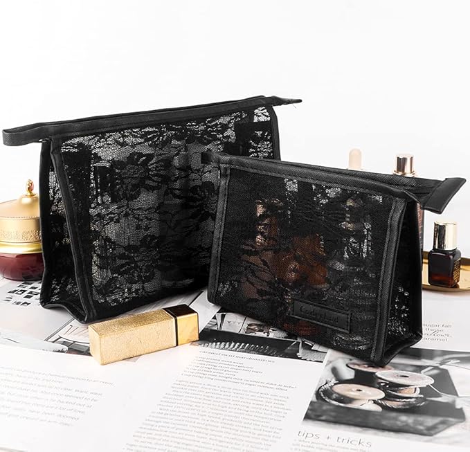 fashion portable cosmetic bag,Visible large capacity Nylon storage bag, for Business Travel bath, Unisex (black 3pcs set) (purpose made Lace Mesh triangular zippered cosmetic bag)