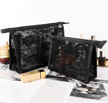 fashion portable cosmetic bag,Visible large capacity Nylon storage bag, for Business Travel bath, Unisex (black 3pcs set) (purpose made Lace Mesh triangular zippered cosmetic bag)