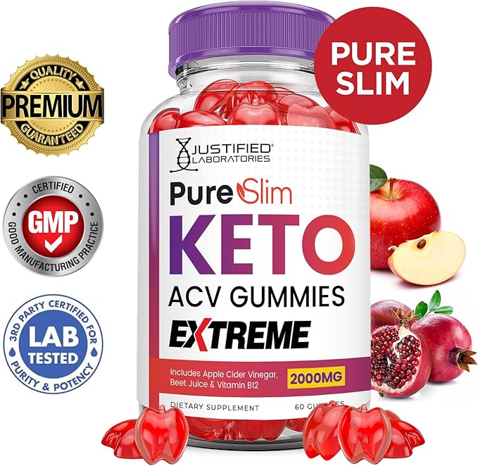 Pure Slim Keto ACV Gummies Extreme 2000MG PureSlim Keto Gummies Advanced Formula Apple Cider Vinegar with Pomegranate Beet Juice Powder B12 Vegan Non GMO 60 Gummys