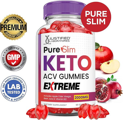 Pure Slim Keto ACV Gummies Extreme 2000MG PureSlim Keto Gummies Advanced Formula Apple Cider Vinegar with Pomegranate Beet Juice Powder B12 Vegan Non GMO 60 Gummys