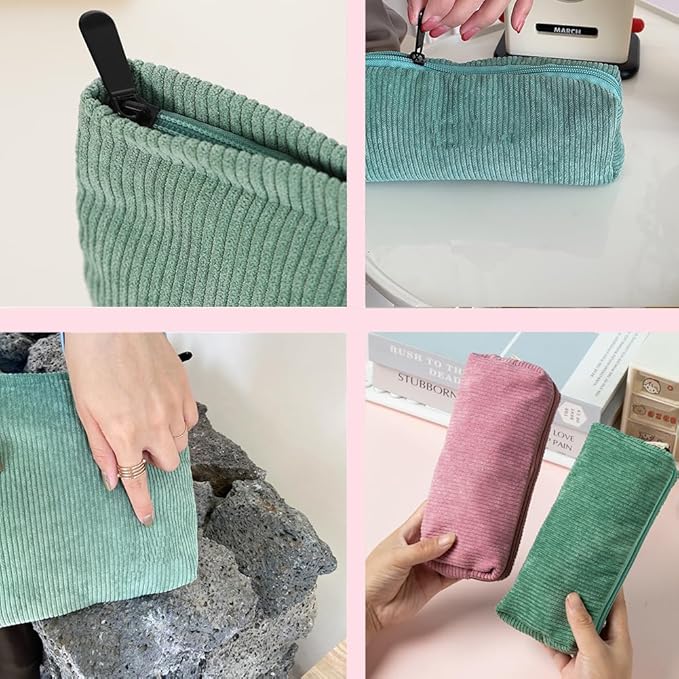 FITINI 2 Pcs Makeup Bag Large Corduroy Cosmetic Bags Portable Travel Toiletry Case Organizer Cute Small Brushes Storage Pouch with Zipper for Women Purse,Green