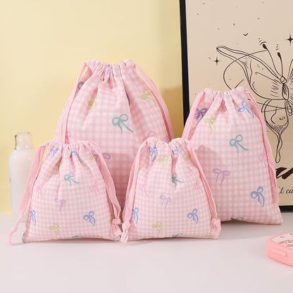 LYDZTION 4pcs Floral Drawstring Makeup Bags Pouches For Purse, Small Canvas Cloth Gift Bags Pouch For Cosmetics Jewerlry Home Travel Storage, Pink Bow