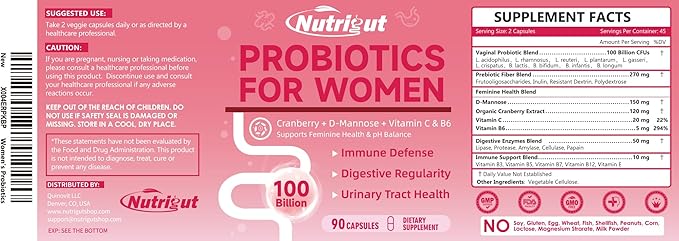 Probiotics for Women 100 Billion CFUs Probiotic and Prebiotics with Digestive Enzymes for Gut Health, Vaginal Probiotics with Cranberry and D-Mannose for Urinary Tract Health, pH Balance, 87 Capsules