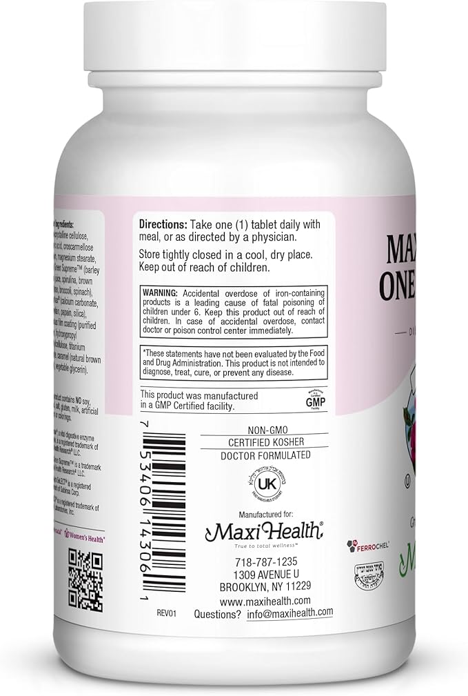 Maxi Health One Prenatal - Womens Prenatal Vitamins with Iron - Enhanced Absorption & Bioavailability - Daily Multivitamin for Women - Multi Vitamin & Mineral Supplement for Adults - 60 Capsules