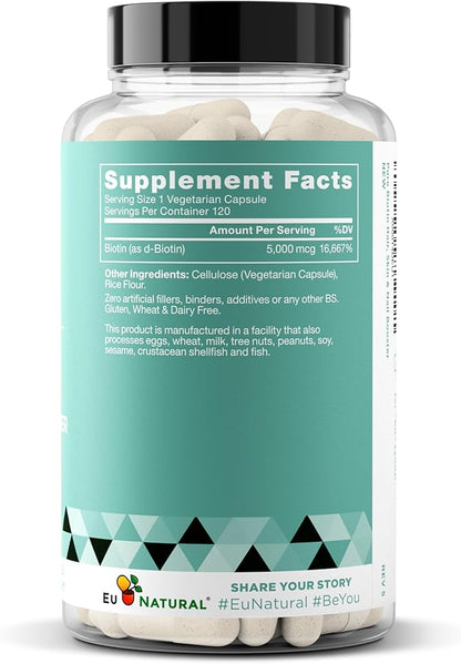 Biotin 5000 mcg Hair Skin Nails Supplement – High-Potency Hair Growth Vitamins for Women & Men – Provide Powerful Support for Healthy Hair, Stronger Nails and Glowing Skin – 120 Vegan Soft Capsules