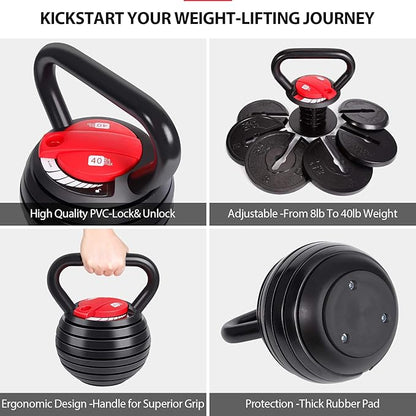 TopMade Adjustable Kettlebell Weights Set Cast Iron Exercise Fitness Kettle Ball Grip 5, 8, 9,12lb Free Weight Men Women Kettlebells for Home Gym Workout Ballistic, Core,Strength Training