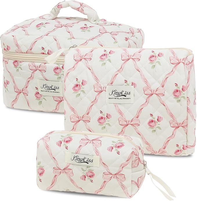 kingkiss Makeup Bag, Quilted Cosmetic Bag, Large Capacity Make Up Bag for Women, Cute Floral Storage Toiletry Bag Travel Storage Makeup Bag (Pink)